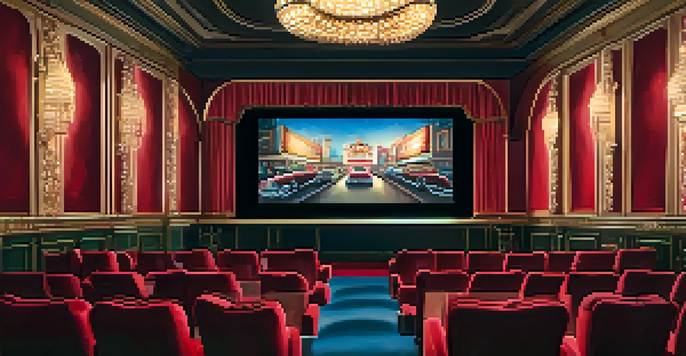 A vintage cinema hall with red velvet seats and a large screen showing iconic film scenes, softly illuminated by golden lights.