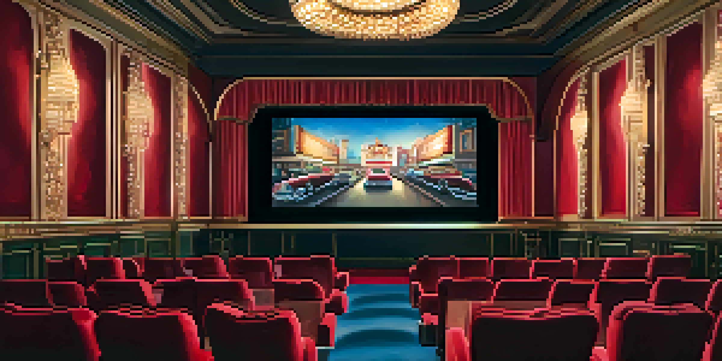 A vintage cinema hall with red velvet seats and a large screen showing iconic film scenes, softly illuminated by golden lights.