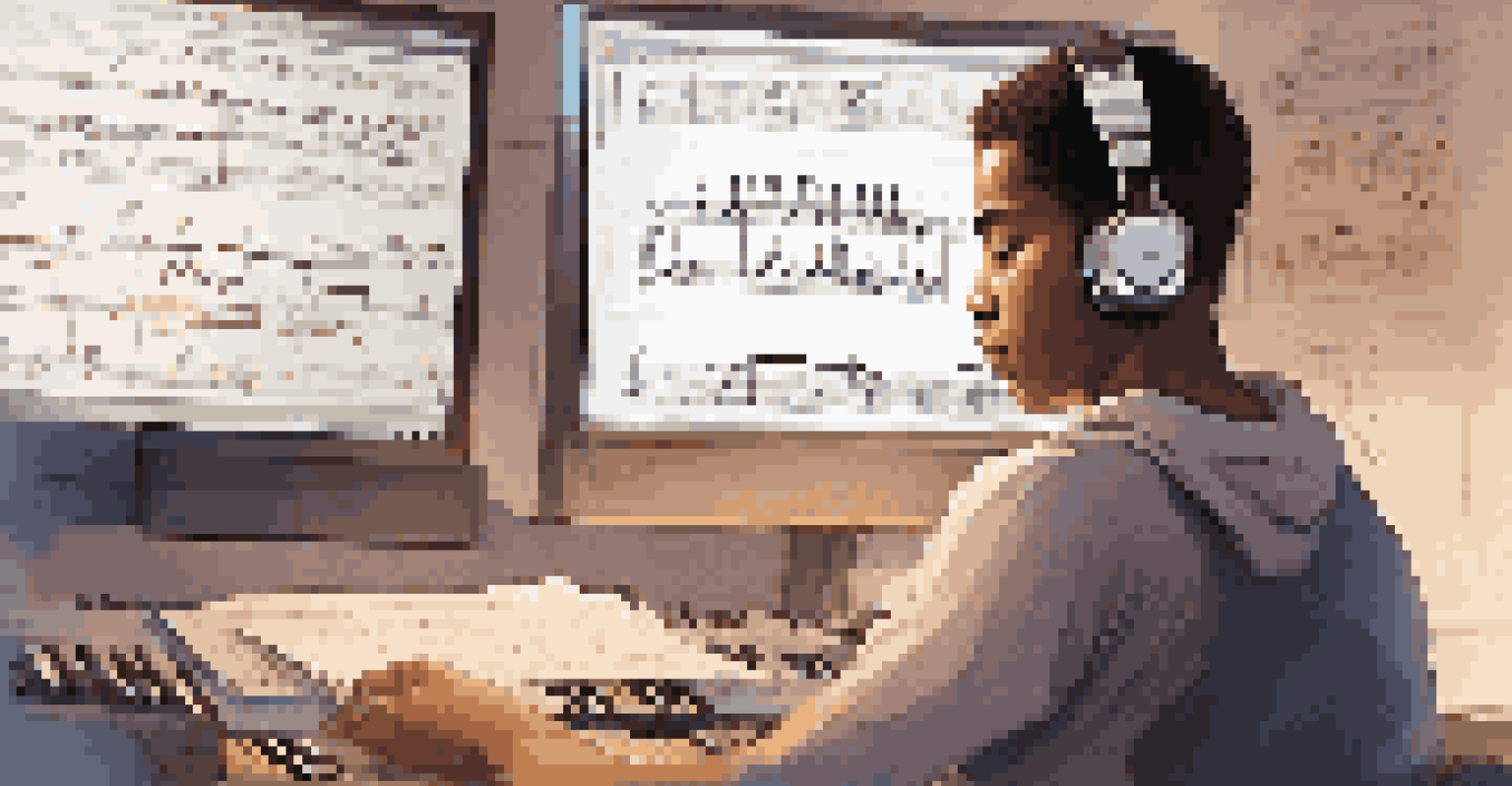 A student engaged in ear training with headphones, studying music notation on a computer.