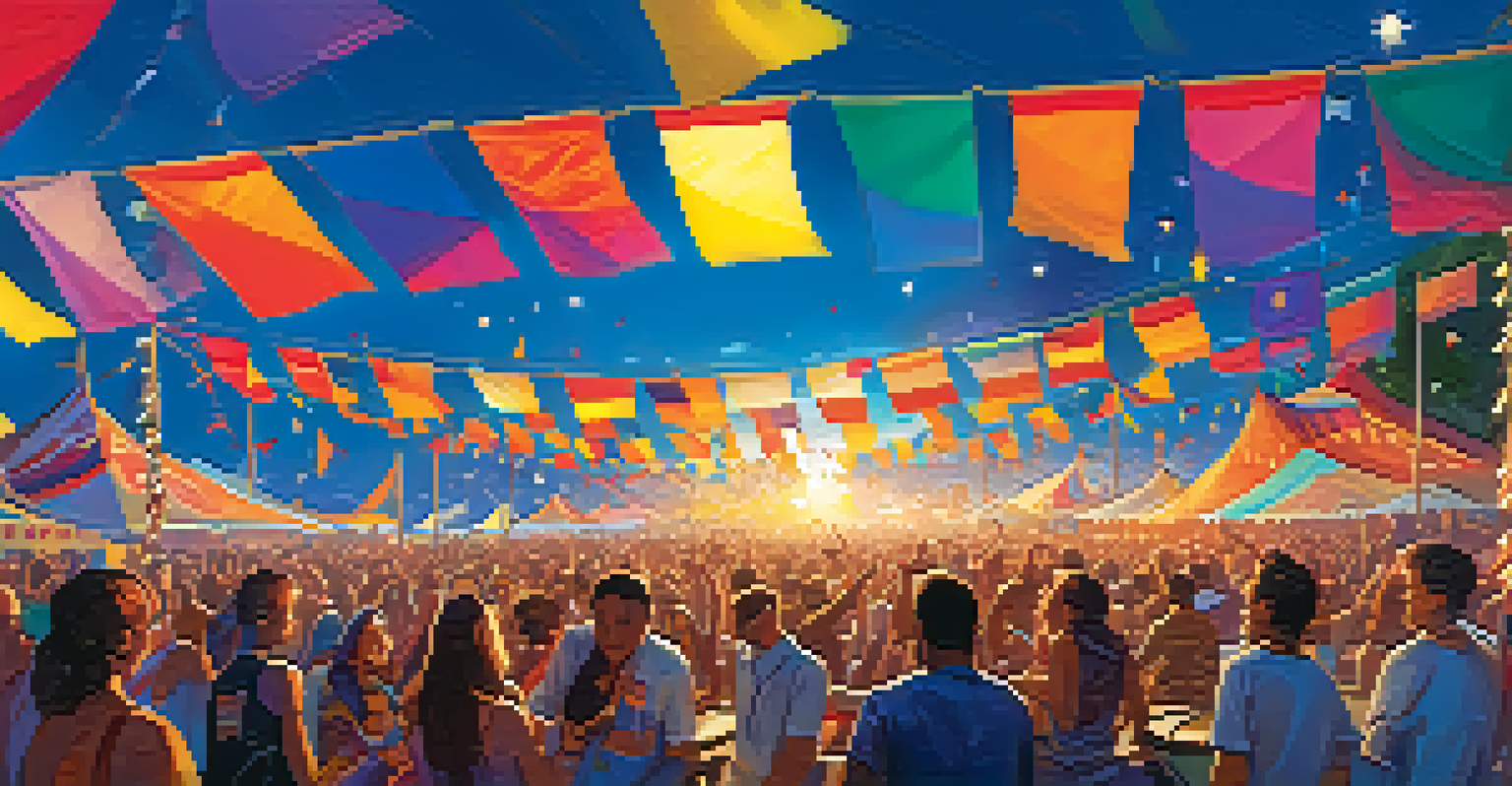 A lively music festival with a diverse crowd enjoying performances, colorful flags, and a bright blue sky.