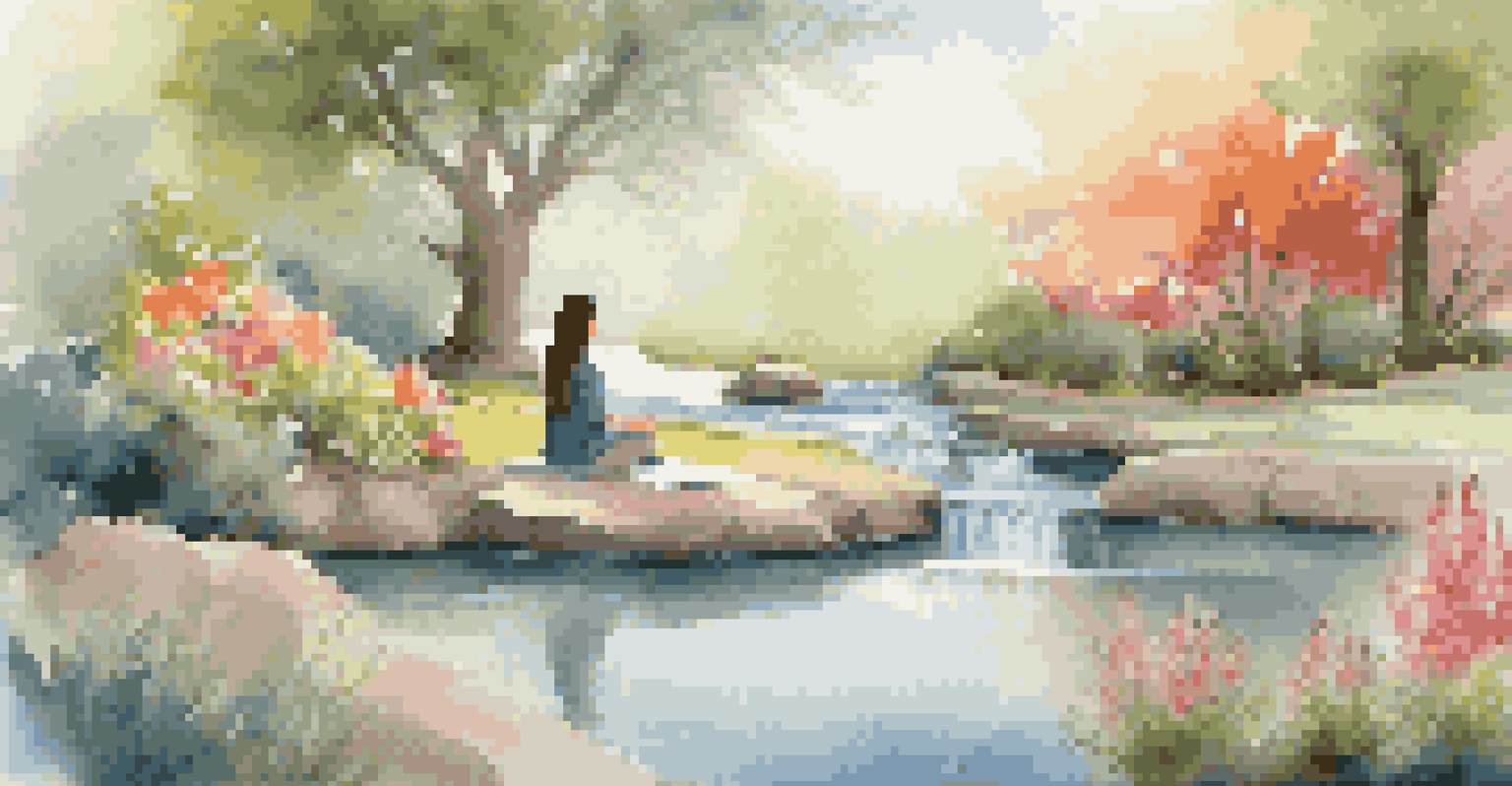 A person meditating in a peaceful garden with flowers and flowing water, embodying tranquility.