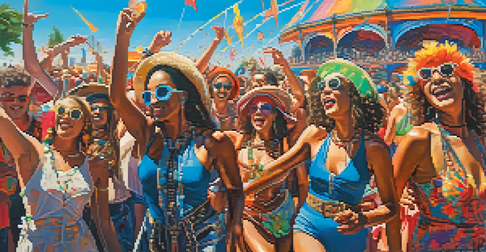 A lively music festival with diverse attendees in colorful outfits dancing under a bright blue sky, surrounded by art installations and decorations.