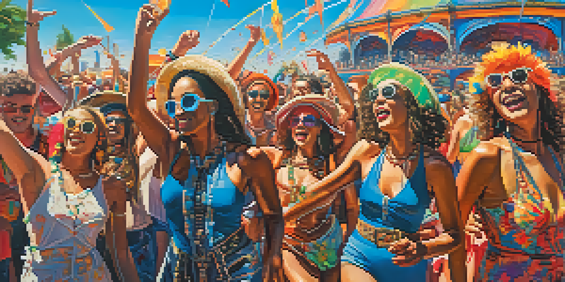 A lively music festival with diverse attendees in colorful outfits dancing under a bright blue sky, surrounded by art installations and decorations.