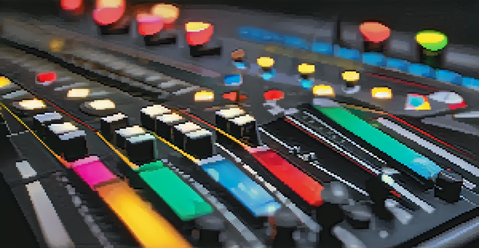 A detailed view of a mixing console with colorful sliders and knobs, surrounded by blurred figures of musicians in a live performance.