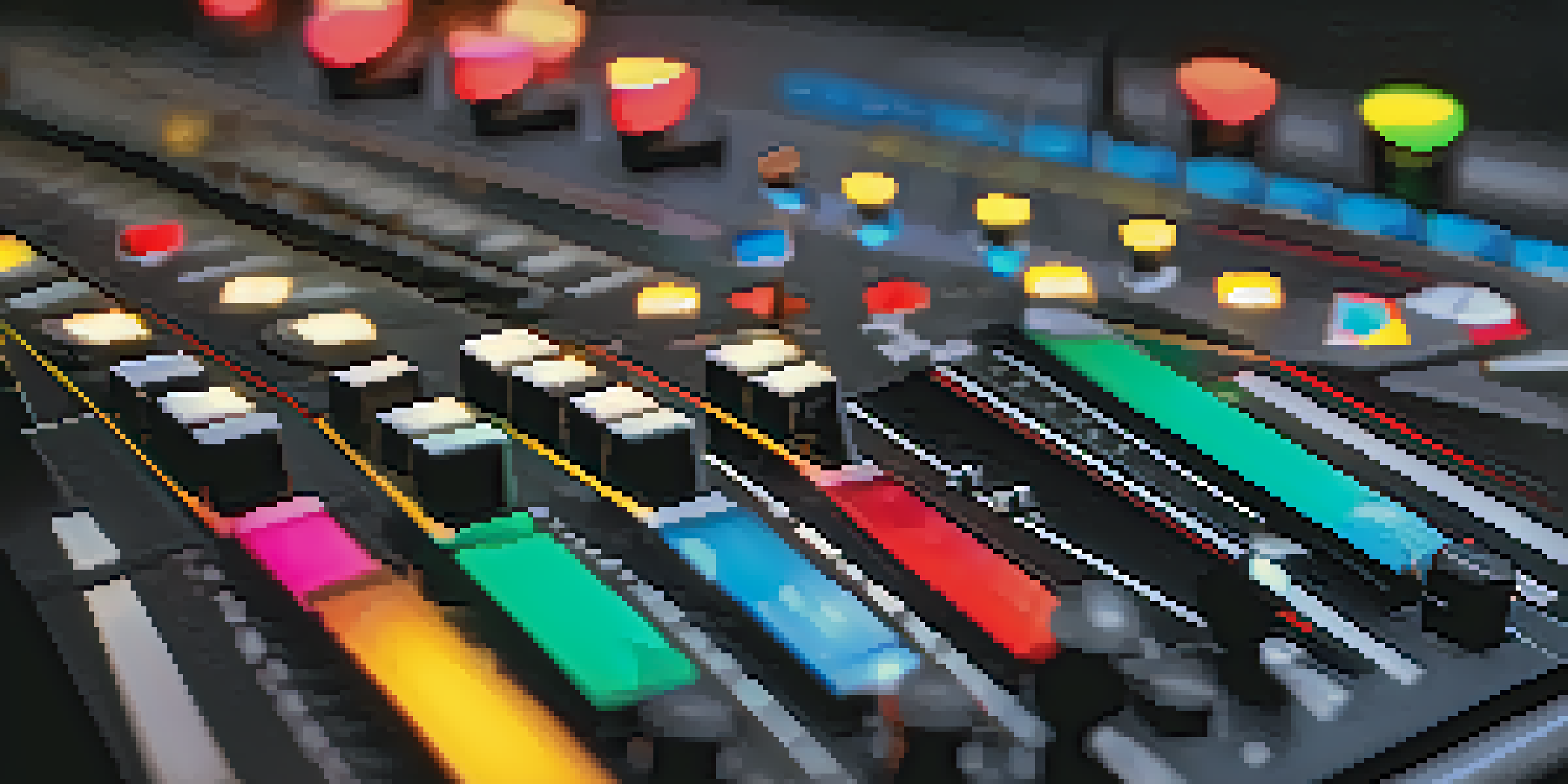 A detailed view of a mixing console with colorful sliders and knobs, surrounded by blurred figures of musicians in a live performance.