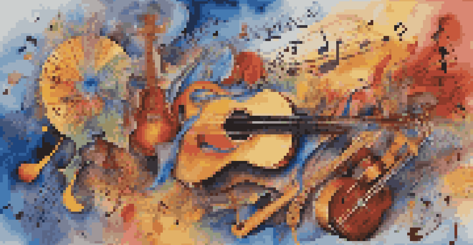 A colorful collage of musical instruments and sound waves representing genre cross-pollination in music.