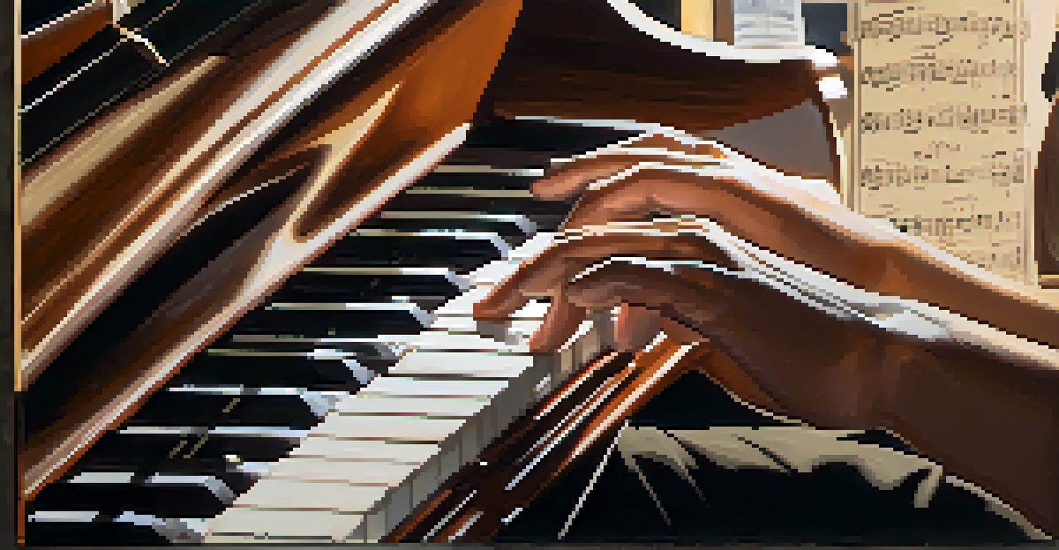 Close-up of a musician's hands relaxing on sheet music, practicing breathing techniques in soft lighting.