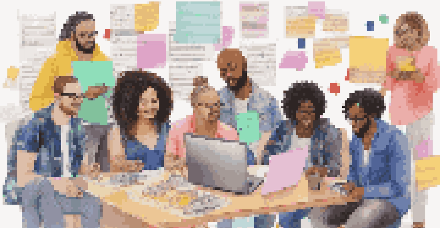 A diverse group of songwriters collaborating online, sharing ideas around a laptop in a bright, creative environment.