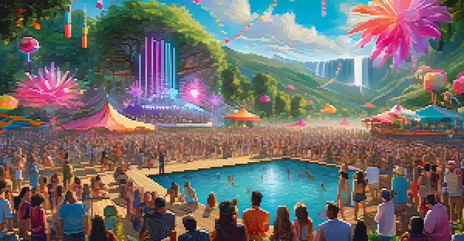 A colorful virtual music festival with diverse attendees enjoying performances in a fantastical landscape.