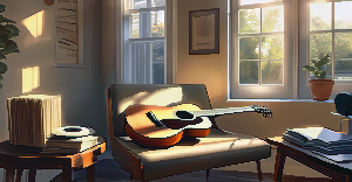 A cozy room with soft lighting, a comfortable chair, a guitar against the wall, and sunlight streaming through a window.