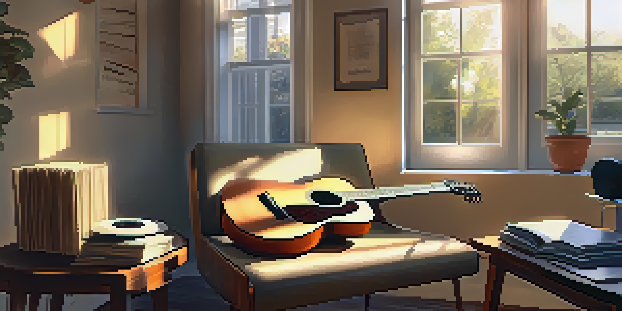 A cozy room with soft lighting, a comfortable chair, a guitar against the wall, and sunlight streaming through a window.