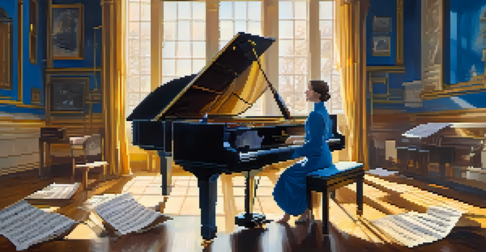A composer in a creative space filled with musical notes and a grand piano, illuminated by warm light.