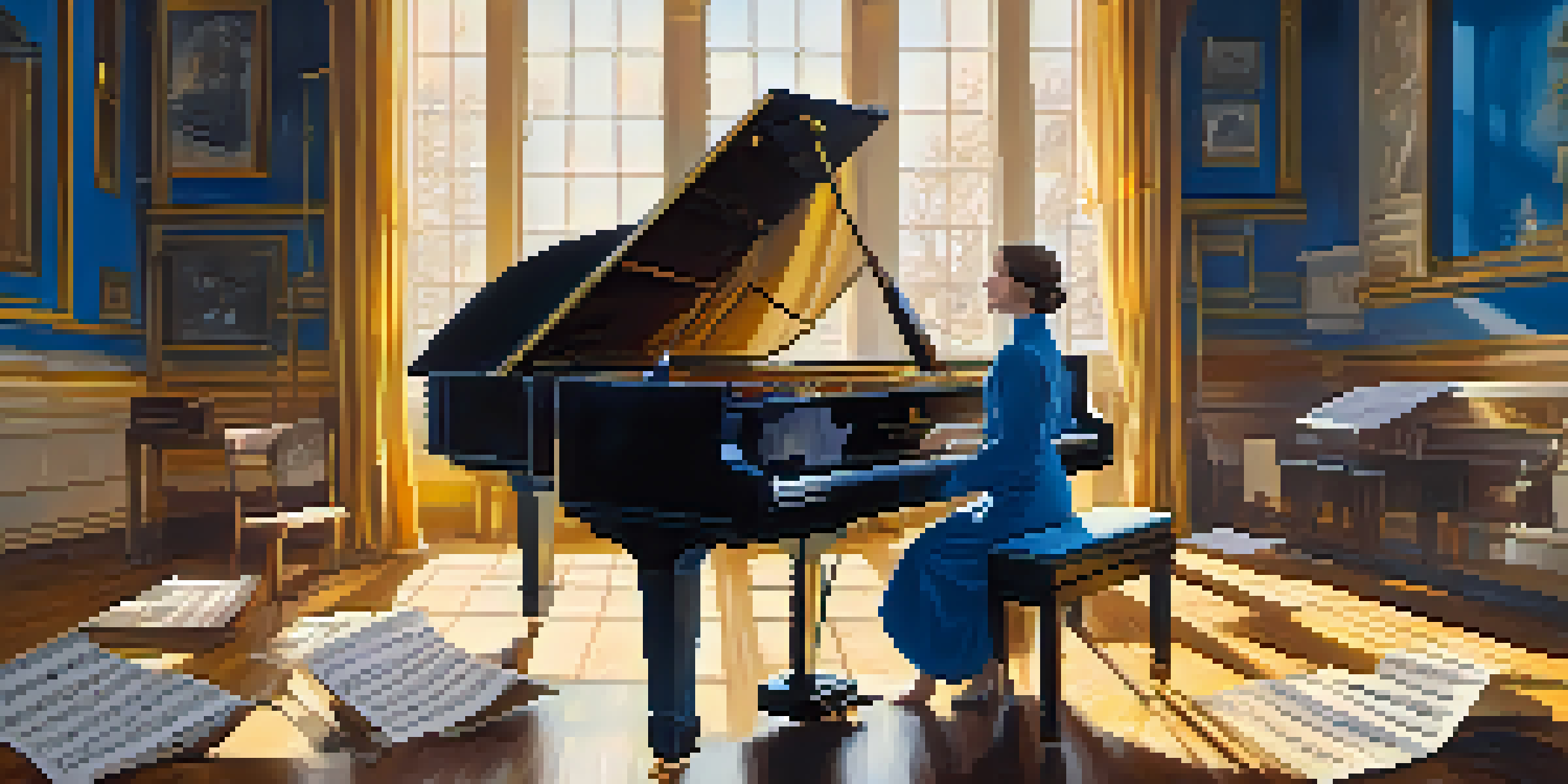 A composer in a creative space filled with musical notes and a grand piano, illuminated by warm light.