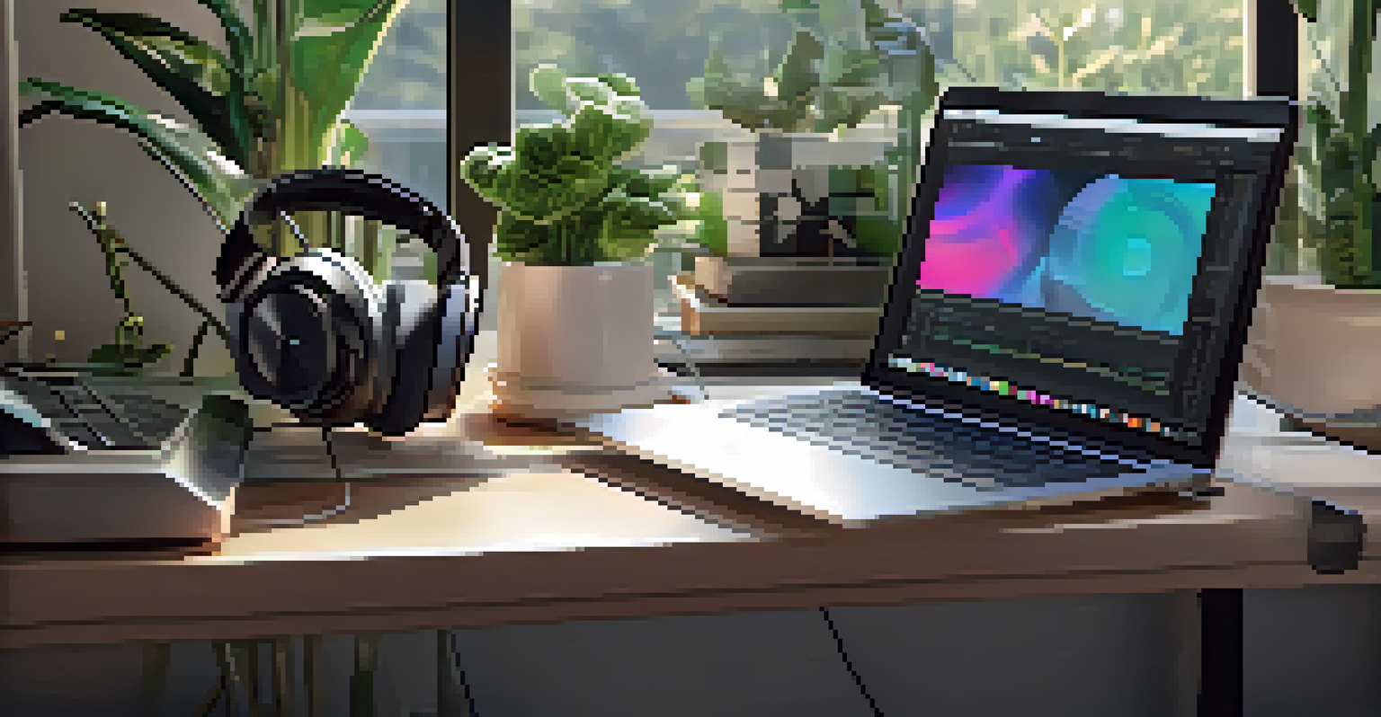 A modern laptop displaying a music streaming service with headphones in a stylish home office setting.