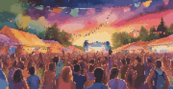 A lively outdoor music festival with a diverse crowd enjoying performances under a colorful sunset sky, capturing the energy and joy of the event.