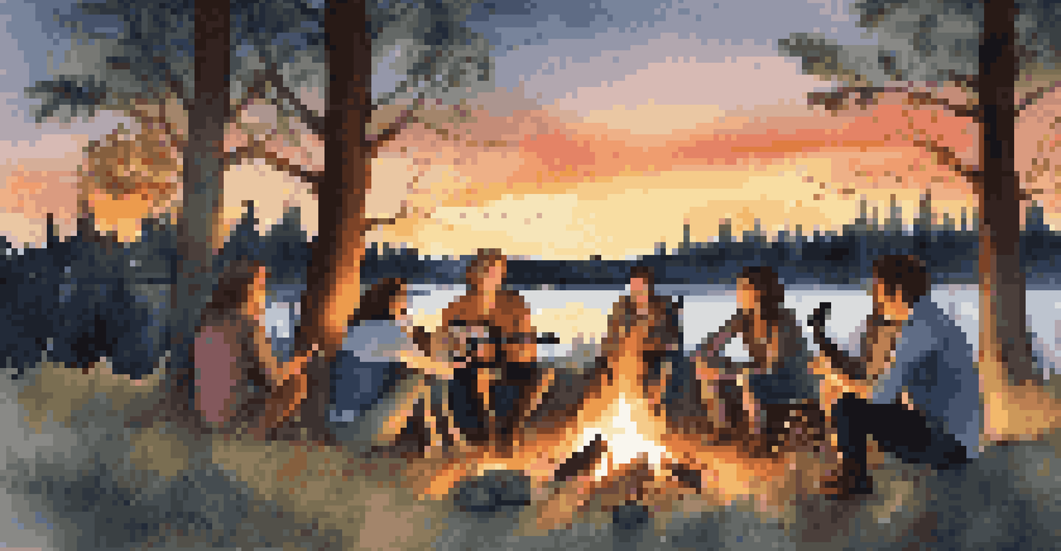 A group of friends gathered around a campfire at dusk, with a guitar being played, creating a warm and festive atmosphere.