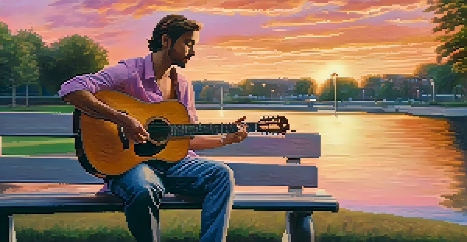A musician playing an acoustic guitar outdoors in a park during sunset, with warm colors in the sky.