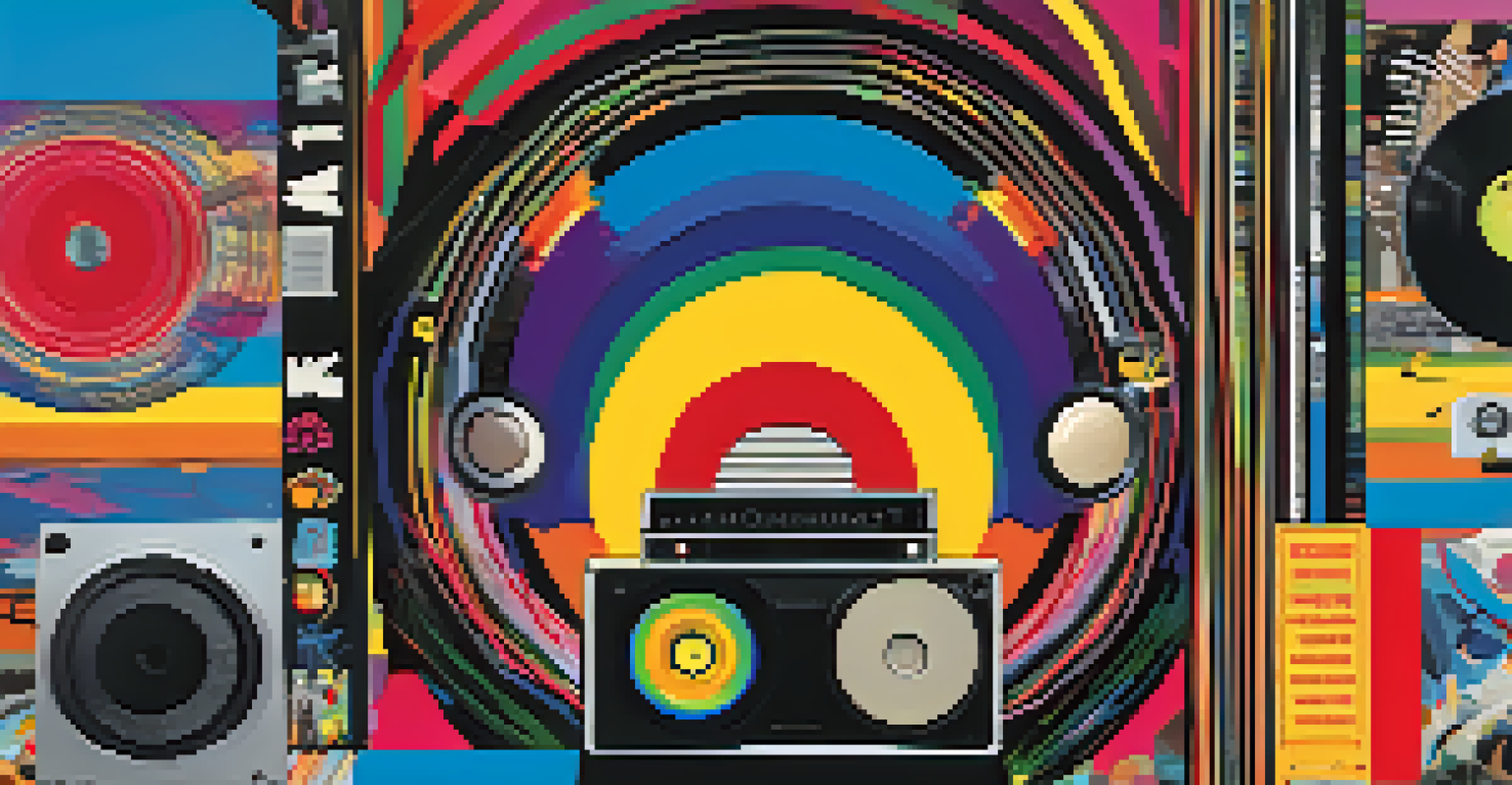 A colorful digital collage of music genres and cultural symbols, featuring vinyl records and headphones, representing youth exploring cultural identities.