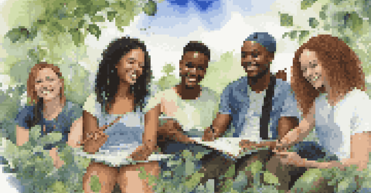 A diverse group of young musicians writing lyrics about sustainability in a natural setting, with smiles and musical instruments.