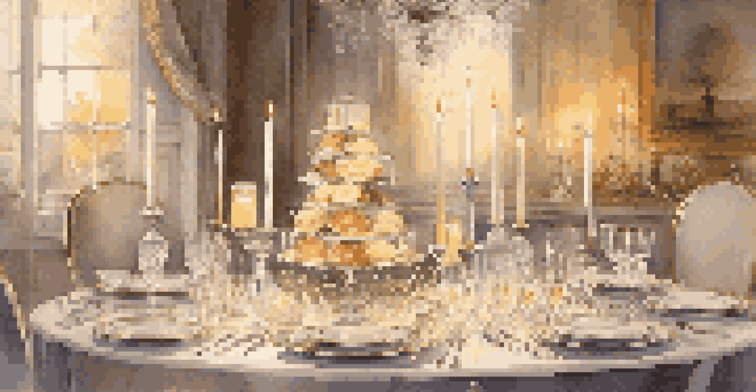 An elegant dinner party table with fine china, glassware, candlelight, and soft music notes in the air, set in a luxurious atmosphere.