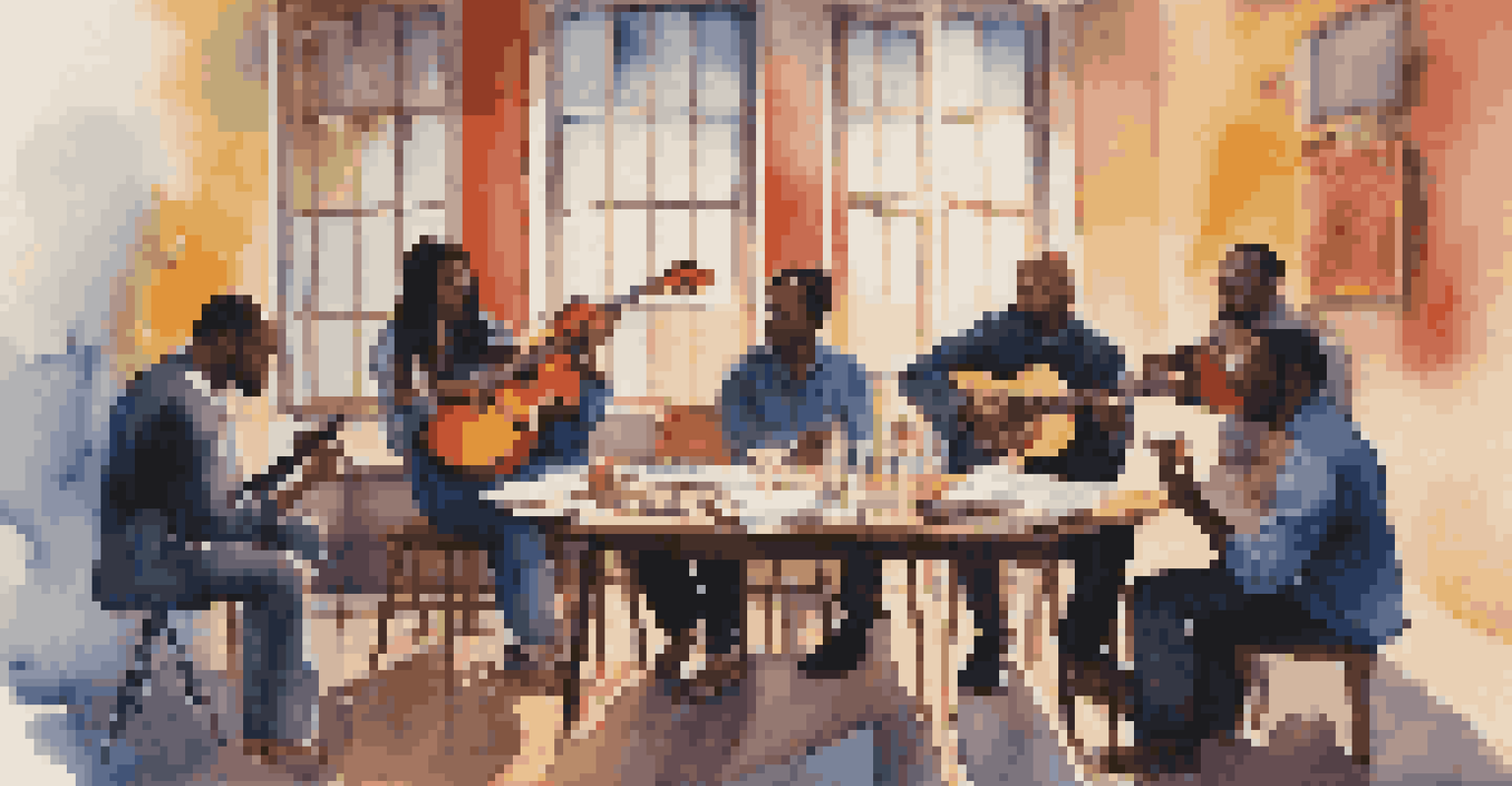 A diverse group of musicians at a table discussing their creative ideas, surrounded by sheet music and colorful art in a warmly lit room.