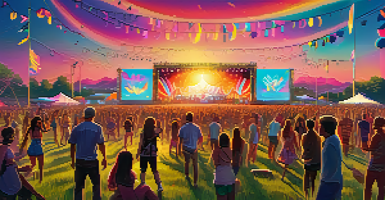 An electronic music festival with colorful lights and a crowd dancing at sunset, promoting sustainability.