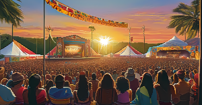 A lively music festival with Indigenous artists on stage and a diverse audience enjoying the performance under a sunset.