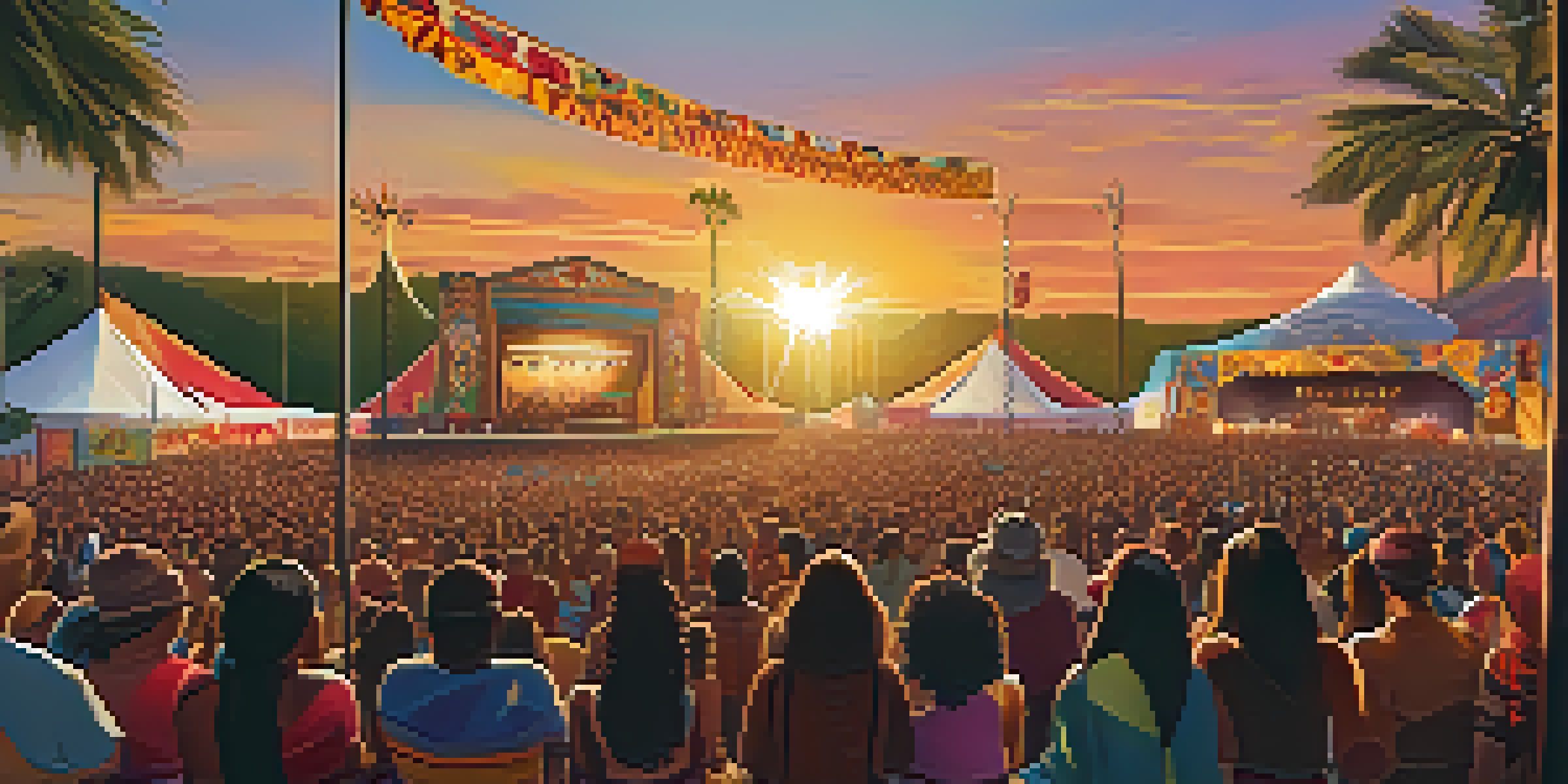 A lively music festival with Indigenous artists on stage and a diverse audience enjoying the performance under a sunset.