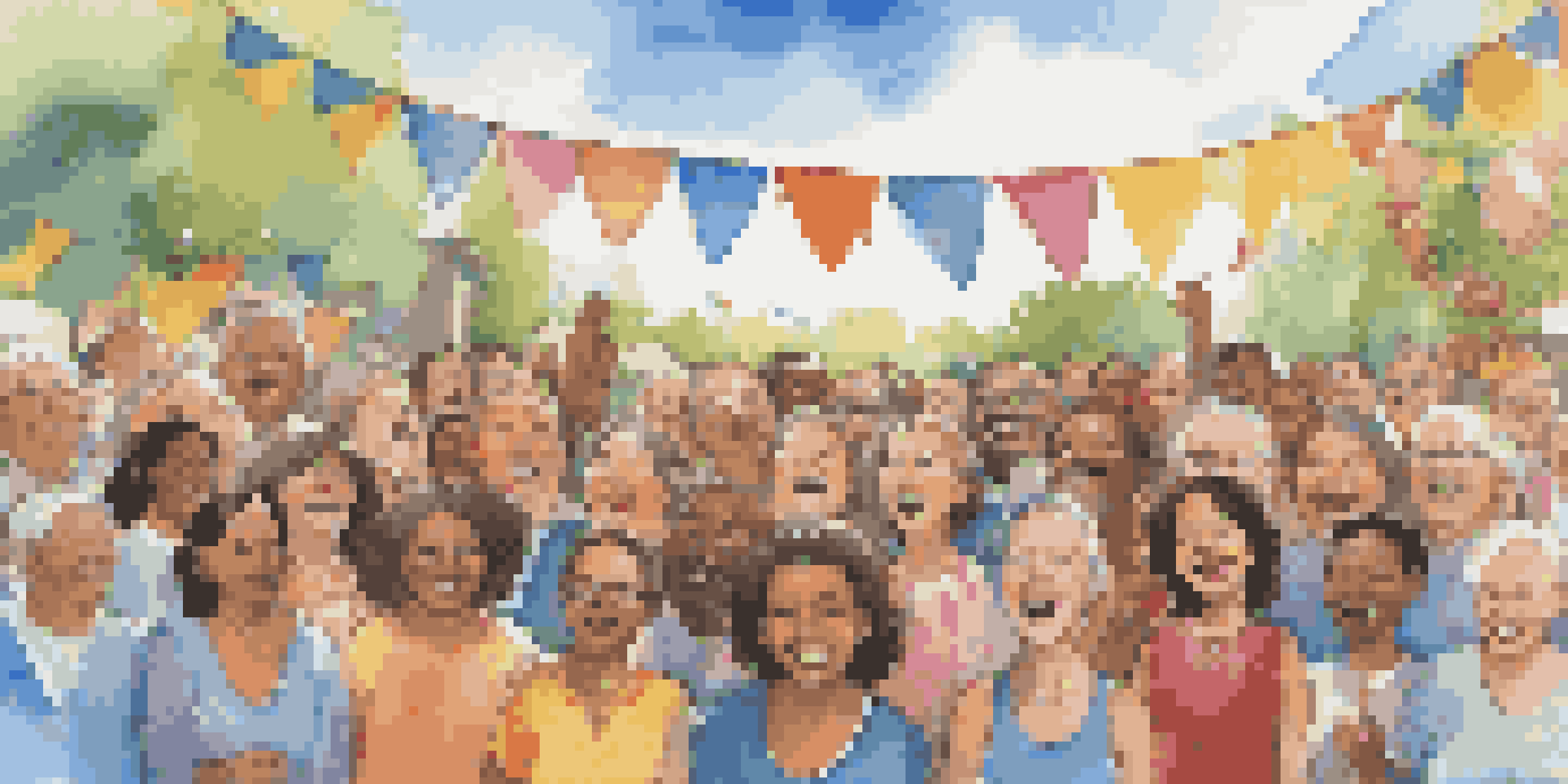 A diverse group of people singing in a community choir outdoors, with colorful decorations and a bright blue sky.