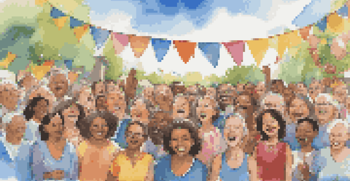 A diverse group of people singing in a community choir outdoors, with colorful decorations and a bright blue sky.