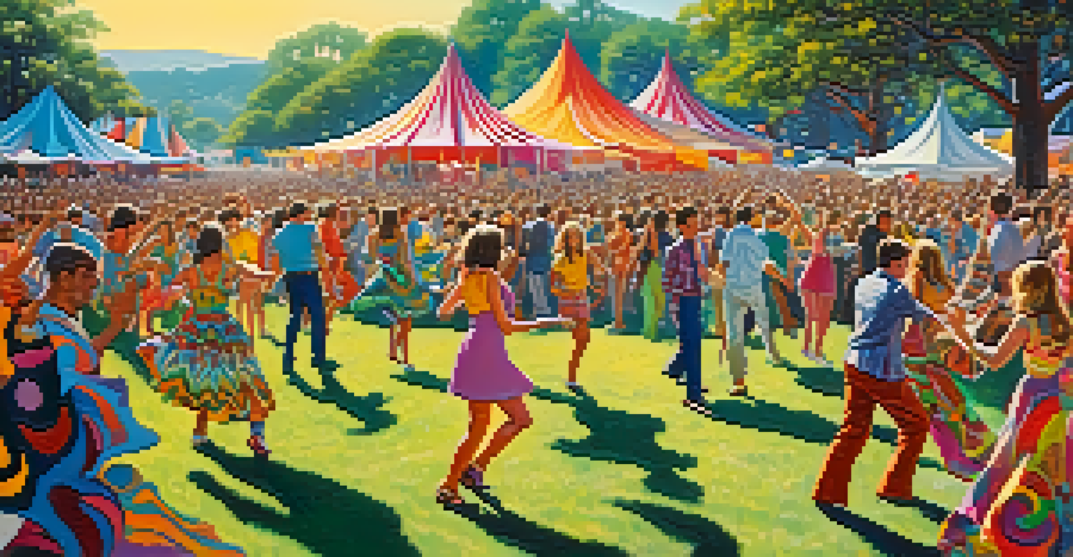 A colorful 1960s music festival with artists performing in vibrant outfits and enthusiastic fans dancing under the sun.