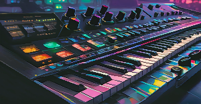 A detailed close-up of a MIDI keyboard with colorful LED lights, showing buttons and sliders in a well-lit music production setting.