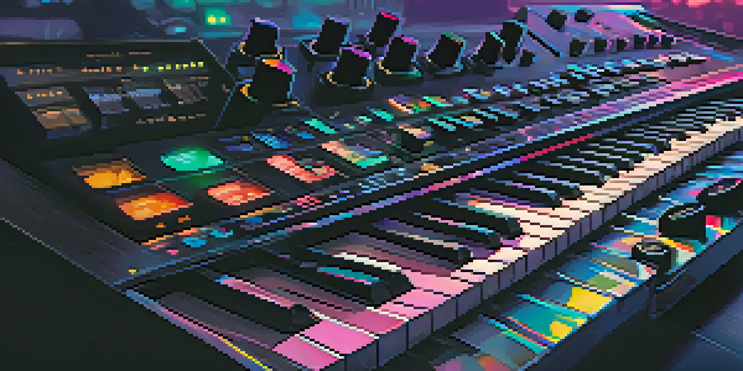 A detailed close-up of a MIDI keyboard with colorful LED lights, showing buttons and sliders in a well-lit music production setting.