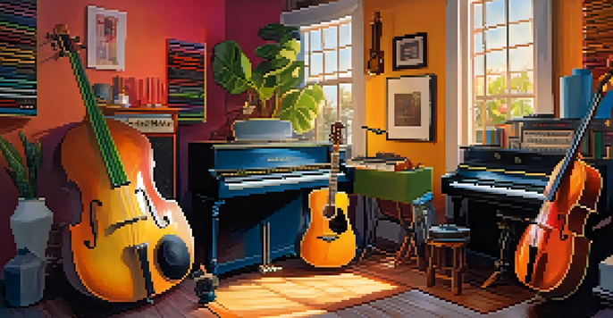 A lively music studio with diverse musicians working together, surrounded by colorful instruments and warm lighting.