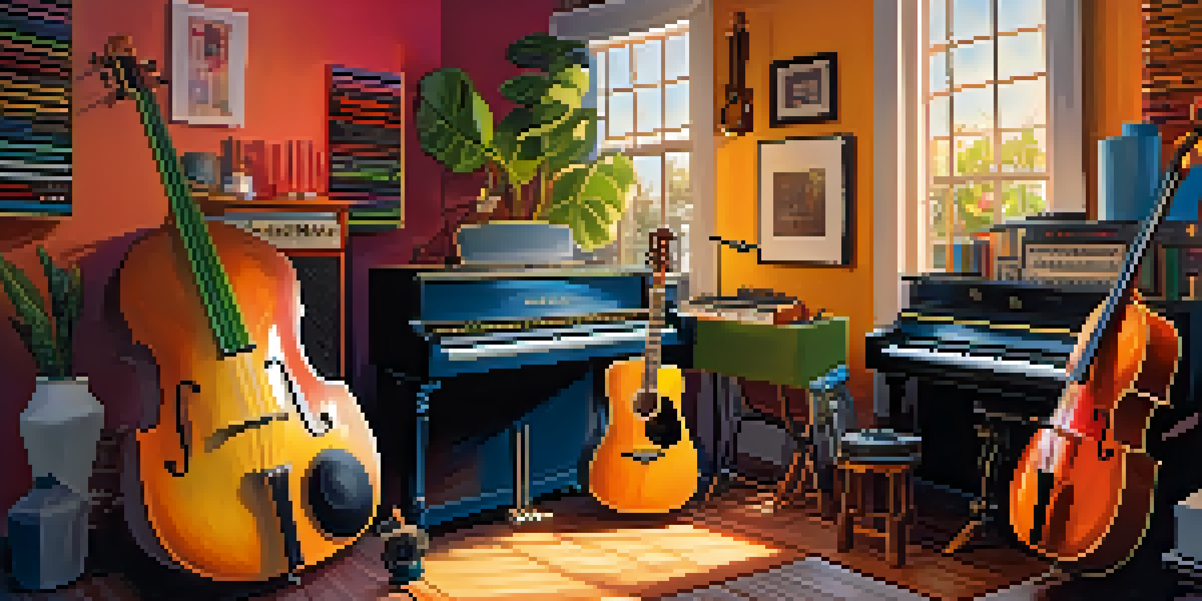 A lively music studio with diverse musicians working together, surrounded by colorful instruments and warm lighting.