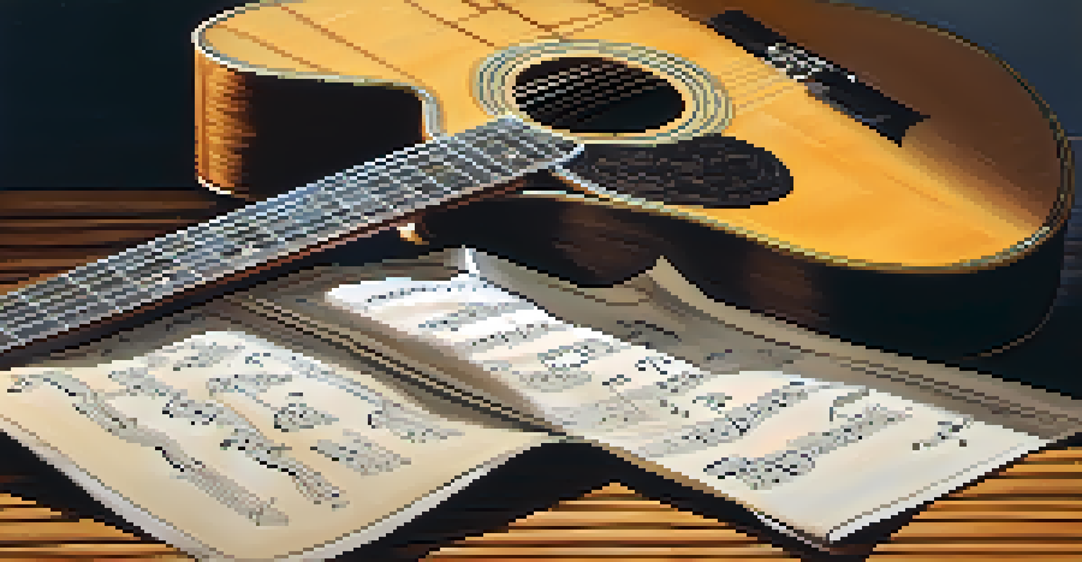 A close-up of an acoustic guitar on a wooden table with sheet music.