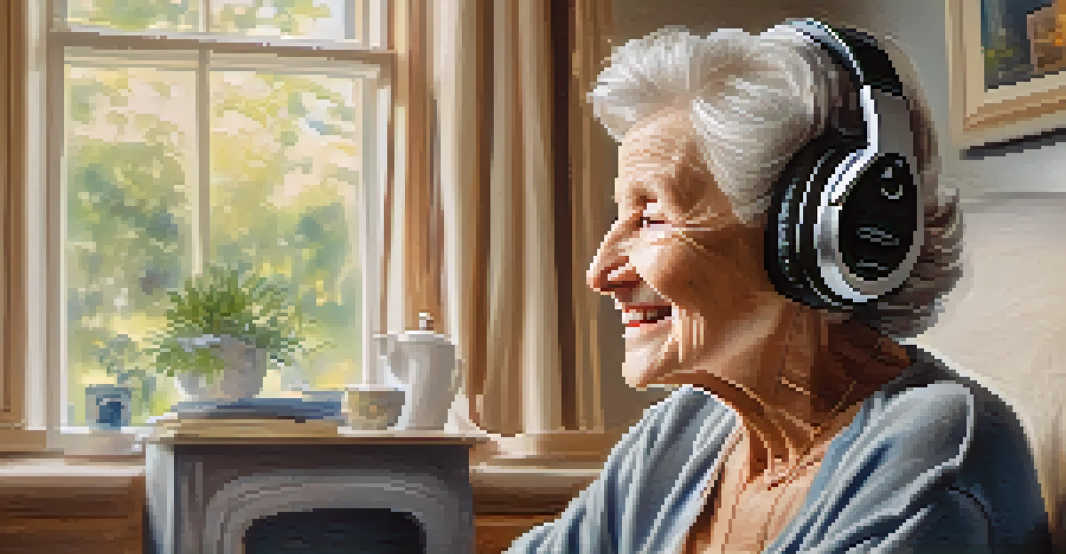 An elderly person wearing headphones, smiling as they listen to music in a cozy living room filled with family photos.