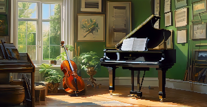 A bright music studio with a grand piano, various musical instruments, and music sheets on the walls, illuminated by soft sunlight coming through a window.