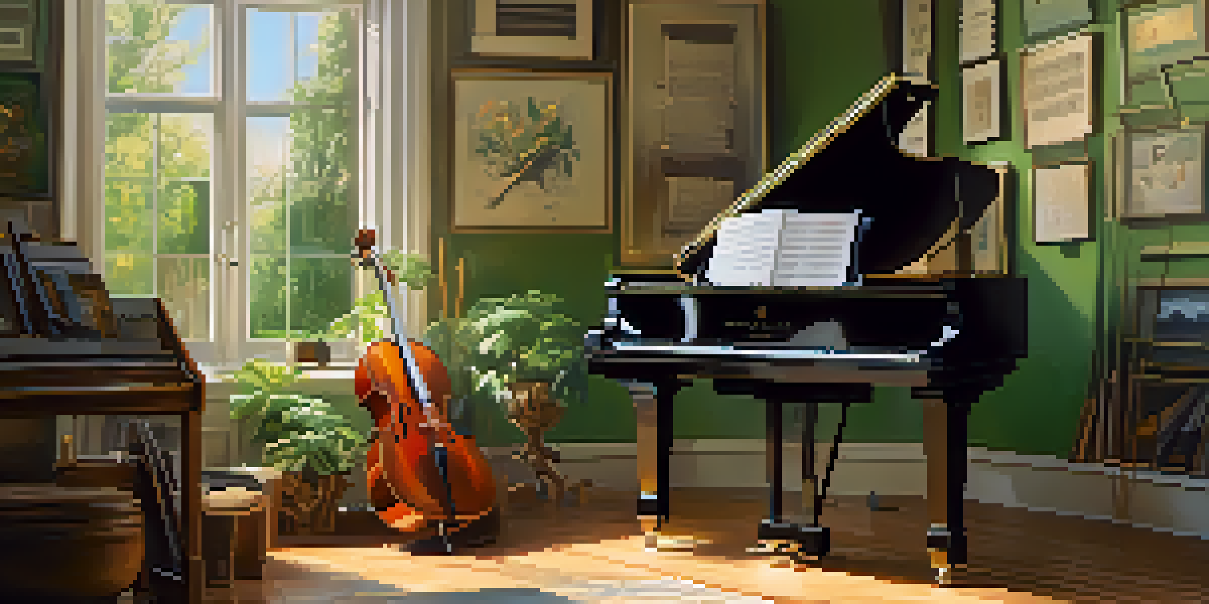 A bright music studio with a grand piano, various musical instruments, and music sheets on the walls, illuminated by soft sunlight coming through a window.