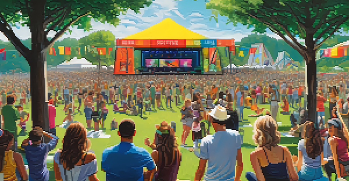 A lively music festival with diverse attendees, colorful banners promoting environmental awareness, and recycling activities amidst a natural landscape.