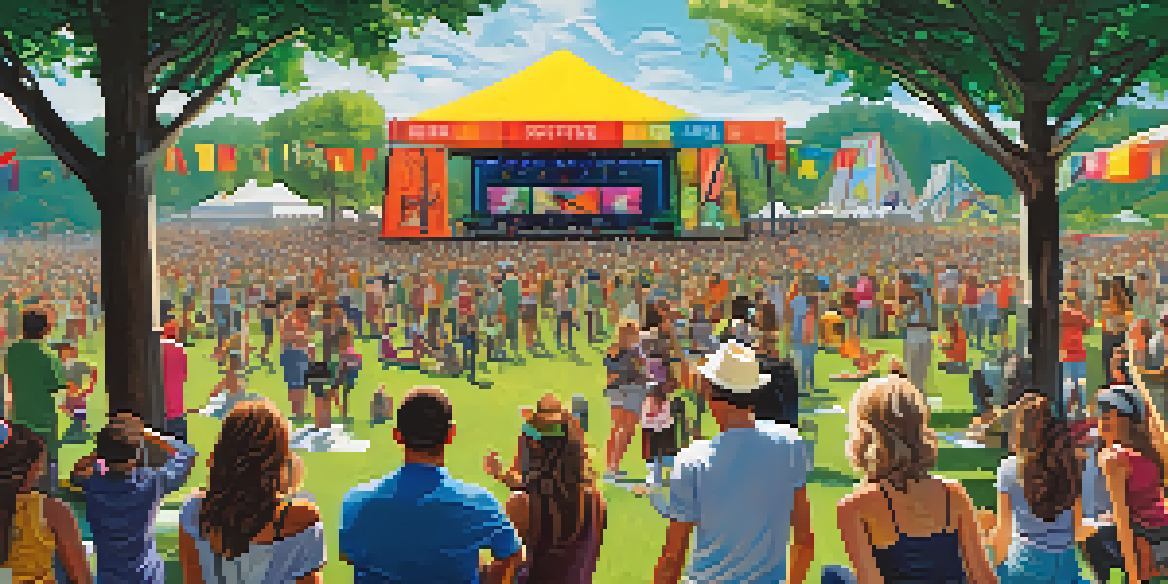 A lively music festival with diverse attendees, colorful banners promoting environmental awareness, and recycling activities amidst a natural landscape.