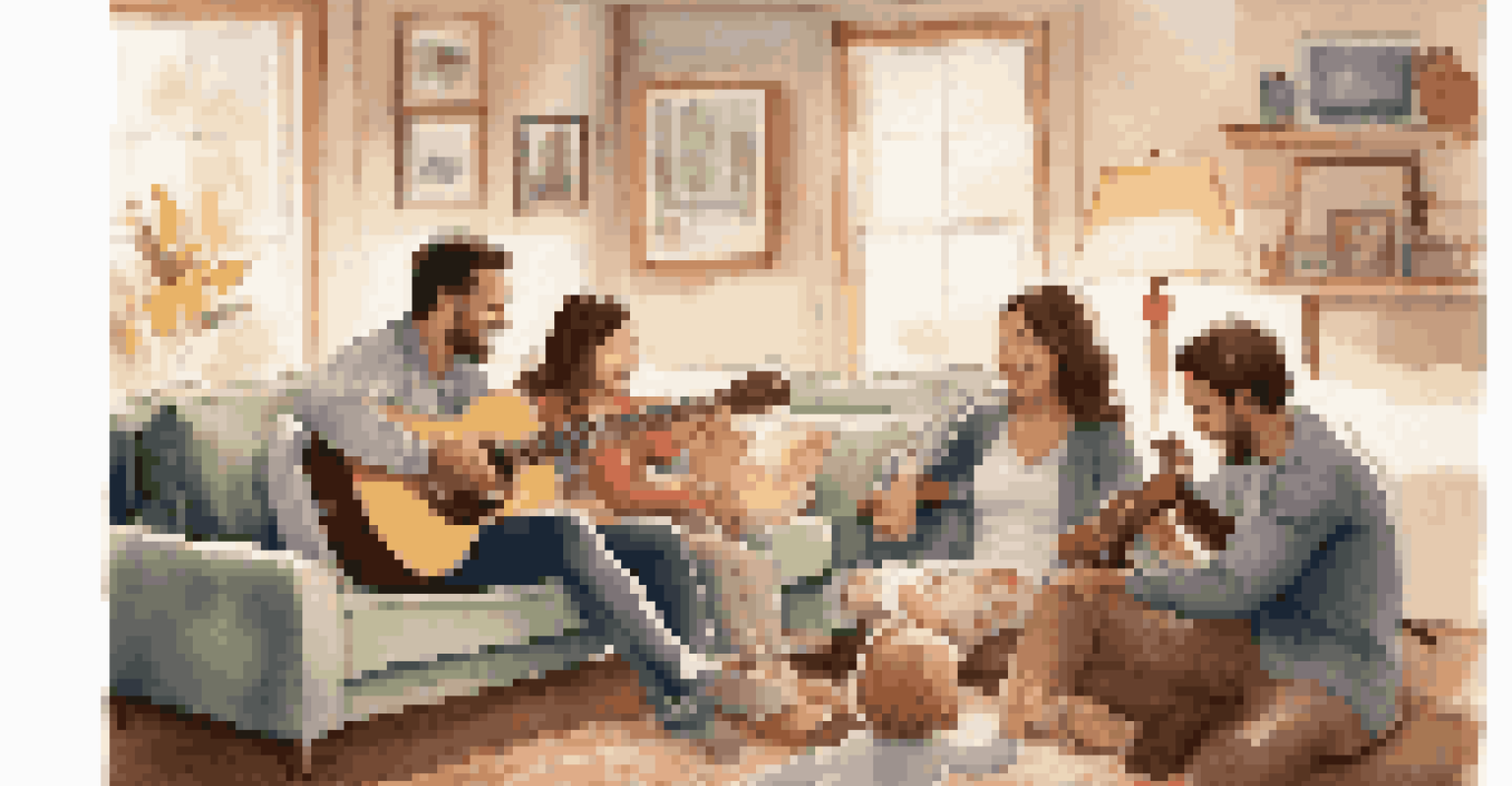 A family sitting together in a cozy living room, singing and playing a guitar, with smiles on their faces.