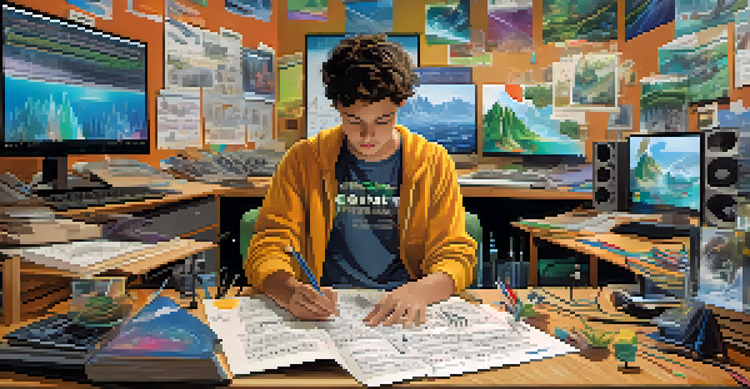 A student at a desk creating a soundtrack for a science project, with vibrant waveforms displayed on the computer screen.