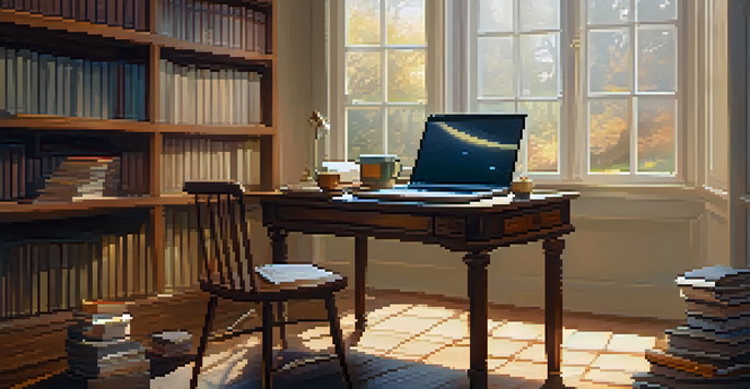 A peaceful study area with a laptop, books, and tea, illuminated by soft natural light, representing the connection between music and studying.