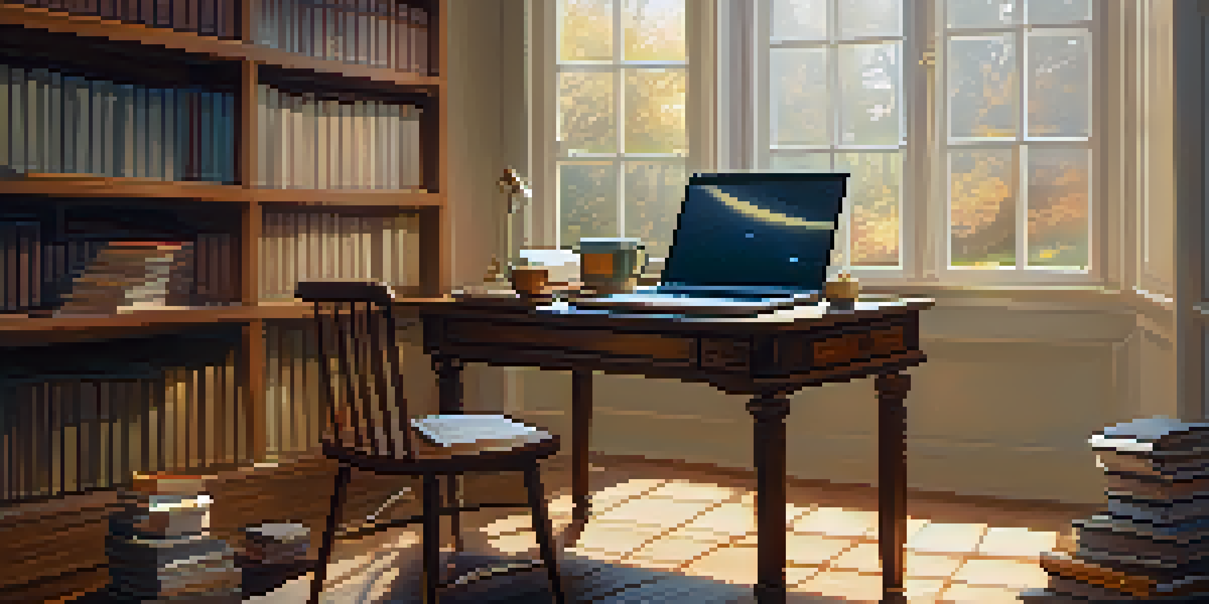 A peaceful study area with a laptop, books, and tea, illuminated by soft natural light, representing the connection between music and studying.