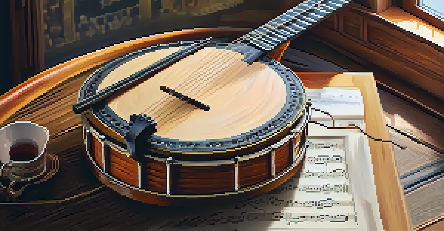 A detailed close-up of a handmade wooden banjo on a rustic table, with sunlight highlighting its craftsmanship and sheet music in the background.