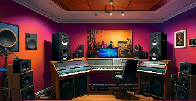 A music producer in a colorful home recording studio, adjusting a mixing console with instruments around.