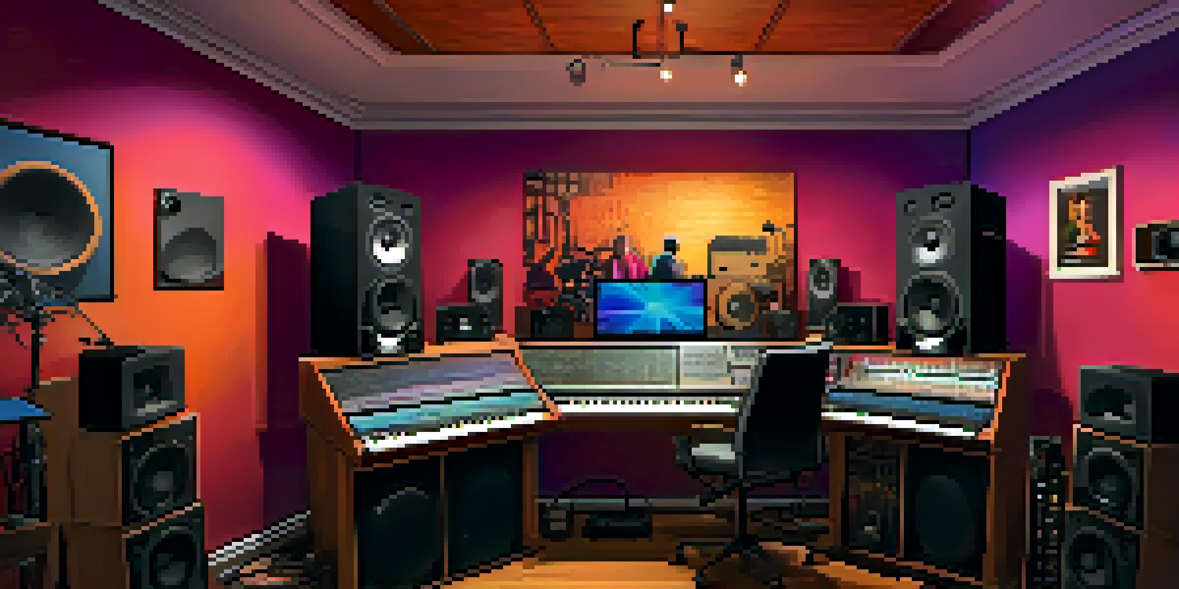 A music producer in a colorful home recording studio, adjusting a mixing console with instruments around.