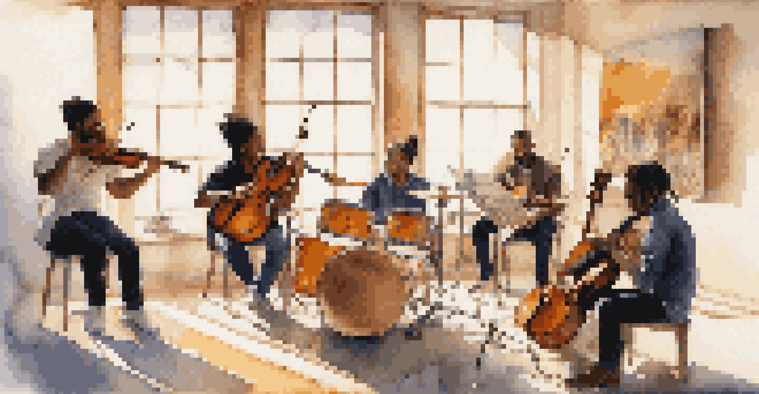 Diverse musicians collaborating in a bright studio with instruments, engaged in conversation.