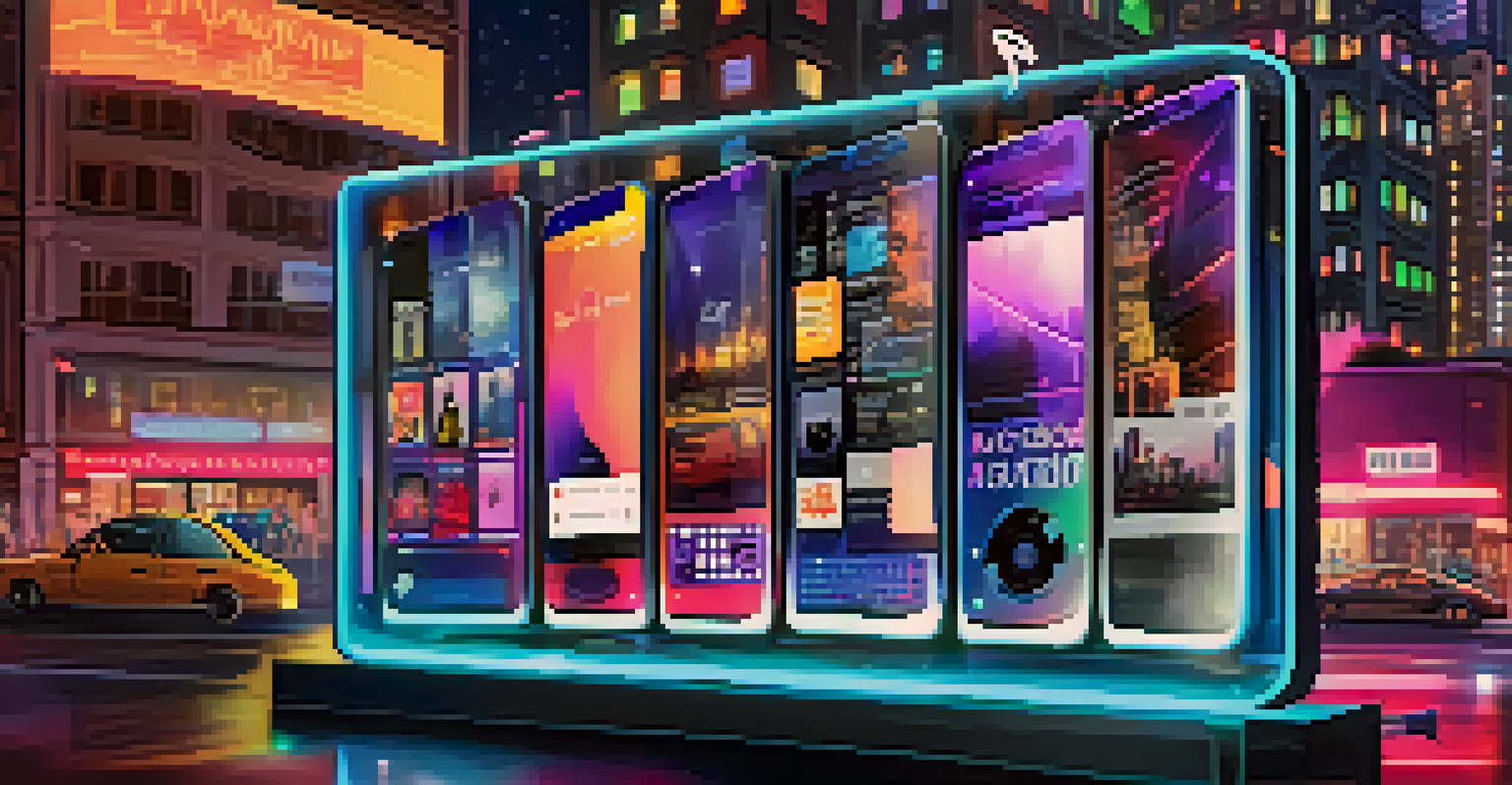A smartphone showing a music streaming app, surrounded by musical notes and album covers, against a blurred cityscape at night.